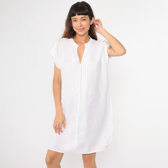Y2K White Linen Dress Midi Dress Sheath Dress Short Cap Sleeve Pleated Dress Vintage 00s Simple Plain Shift Minimalist V Neck Large L