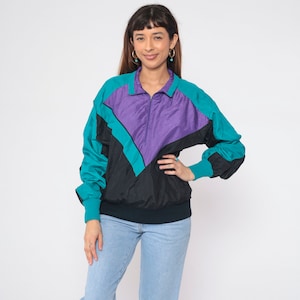 90s Windbreaker Color Block Quarter Zip Jacket Black Teal Purple Striped Nylon Pullover Warmup Retro Sporty Streetwear Vintage 1990s Medium