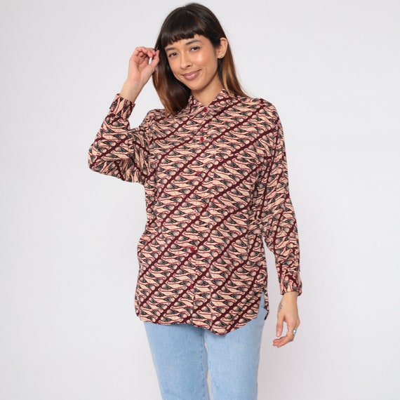 90s Geometric Shirt Red Tan Abstract Patterned Button Up Blouse 1990s Artsy Folk Print Vintage Long Sleeve Rayon Medium