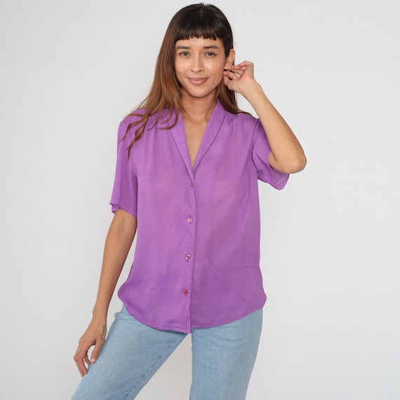Purple Blouse 80s Puff Sleeve Top Semi-Sheer Pleated Button up Shirt Simple Plain Secretary Collared V Neck Preppy Chic Vintage 1980s Large