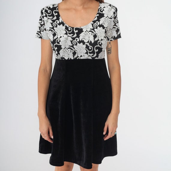 Floral Velvet Dress 90s Black White Mini Grunge D… - image 7