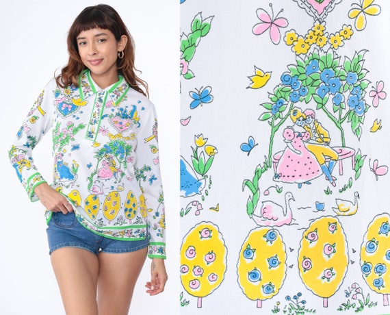 70s Romantic Shirt Love Heart Renaissance Novelty Print Button Up Blouse Retro Long Sleeve Top Bird Hippie Boho Vintage 1970s Medium Large