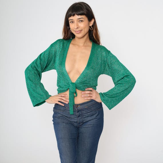 70s Metallic Knit Crop Top Green Openwork Deep V Neck Blouse Long Sleeve Top Sheer Plunging Boho 1970s Bohemian Vintage Tie Up Waist Small