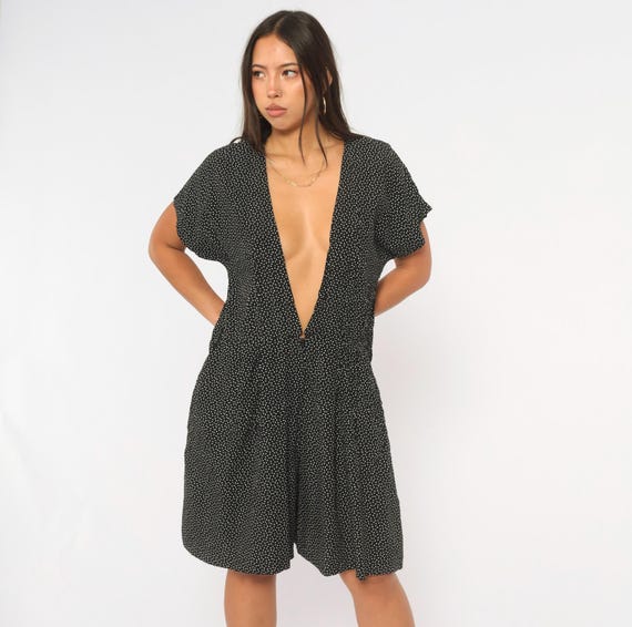 90s Dotted Romper Black White Speckle Print Plunge V Neck Short Sleeve Wide Leg Culotte Playsuit One Piece Jumpsuit Dress Vintage Medium M