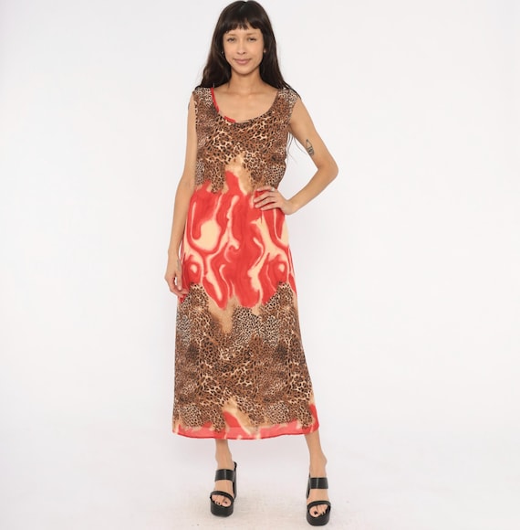 Leopard Flame Print Maxi Dress 90s Sleeveless Scoop Neck Animal Cheetah Red Swirl Chiffon Tie Back Ankle Length Tank Vintage Extra Large XL