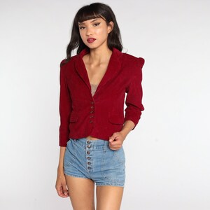 Corduroy Blazer Jacket 80s Blazer Jacket PUFF SLEEVE Jacket Cropped Jacket Burgundy Preppy 1980s Hipster Vintage Boho Extra Small xs image 3