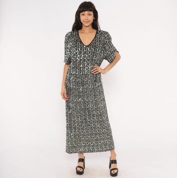 Silver Sequin Maxi Dress 90s Black Chevron V Neck Short Sleeve Sparkle Column Gown Evening Party Cocktail Glam Metallic Plus Size 2X