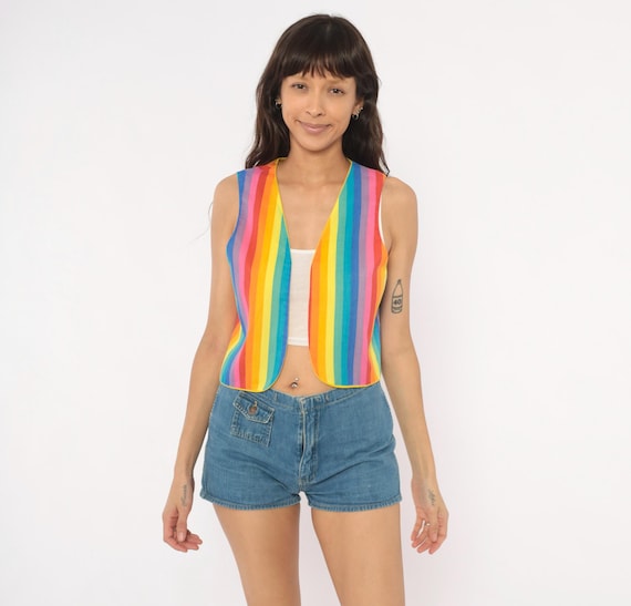 80s Rainbow Stripe Vest Cotton Waistcoat Vertical Multicolor Open Front Top Cropped Tank Colorful Reversible Yellow Lined Vintage Small S