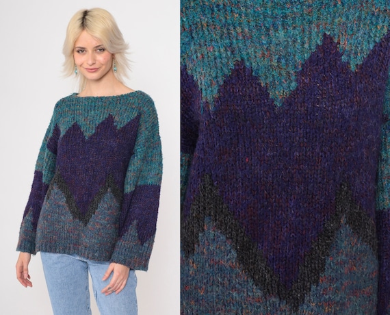 Color Block Sweater 90s Purple Teal Flecked Sweater Wool Blend Knit Geometric 1990s Pullover Slouch Jumper Vintage Retro Sweater Large L