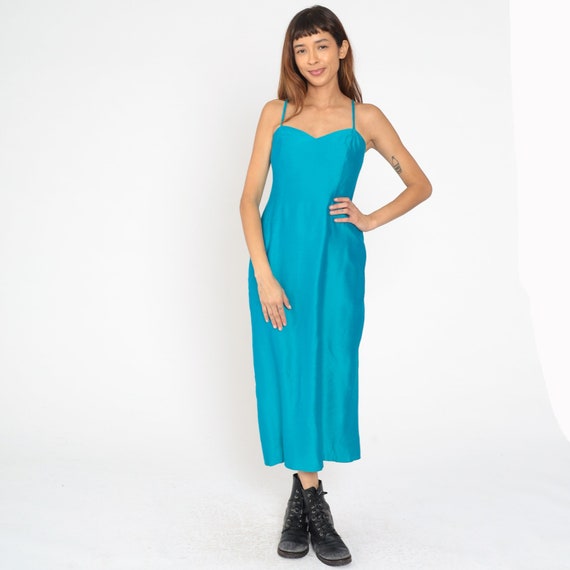 60s Party Dress Blue Sweetheart Neckline Maxi Dress Simple Gown Spaghetti Strap Formal Plain Chic Cocktail Sleeveless Vintage 1960s Small S