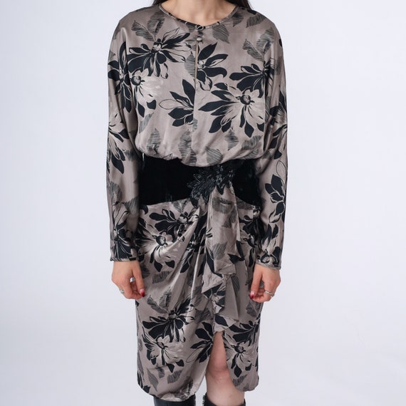 80s Floral Dress Taupe Silk Midi Velvet Beaded Cascading Drape Long Sleeve Boho Keyhole Button Back Vintage 1980s Blouson Secretary Small 6