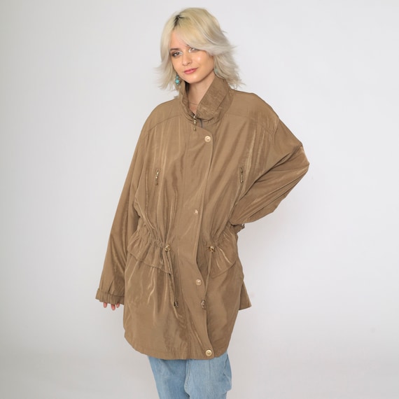 90s Plus Size Brown Windbreaker Jacket Drawstring Waist Cinched Lightweight Vintage Outerwear Zip-Up Coat Plain 1990s Jacket 2x
