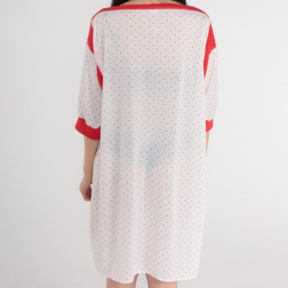 Heart Print Pajama Dress 80s Semi-Sheer White Red… - image 5