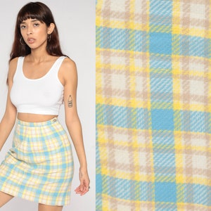 Plaid Pencil Skirt 60s Mod Mini Skirt Yellow Blue Checkered High Waisted Wiggle Retro Fitted Girly Chic Pastel Secretary Vintage 1960s Small