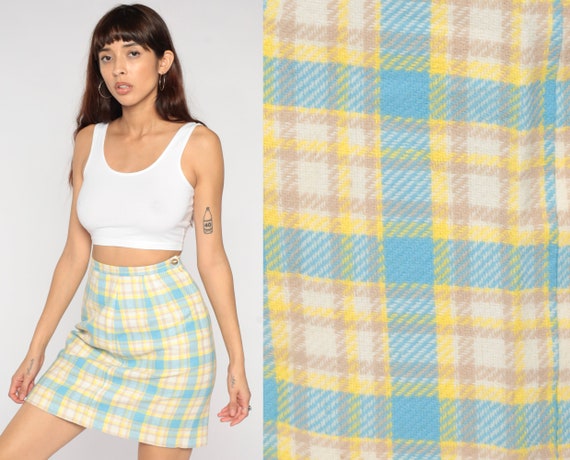 Plaid Pencil Skirt 60s Mod Mini Skirt Yellow Blue Checkered High Waisted Wiggle Retro Fitted Girly Chic Pastel Secretary Vintage 1960s Small