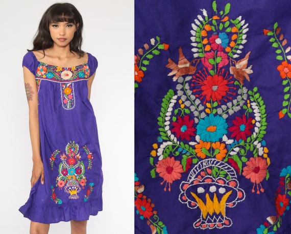 Embroidered Mexican Dress Purple Peasant Dress Mini Hippie Boho Ethnic Bohemian Floral Tunic Festival Minidress Small xs s