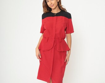 90s Color Block Dress Red Black Peplum Waist Button Front Short Sleeve Midi Rayon Minimalist Two Tone Vintage Office Wear Medium M