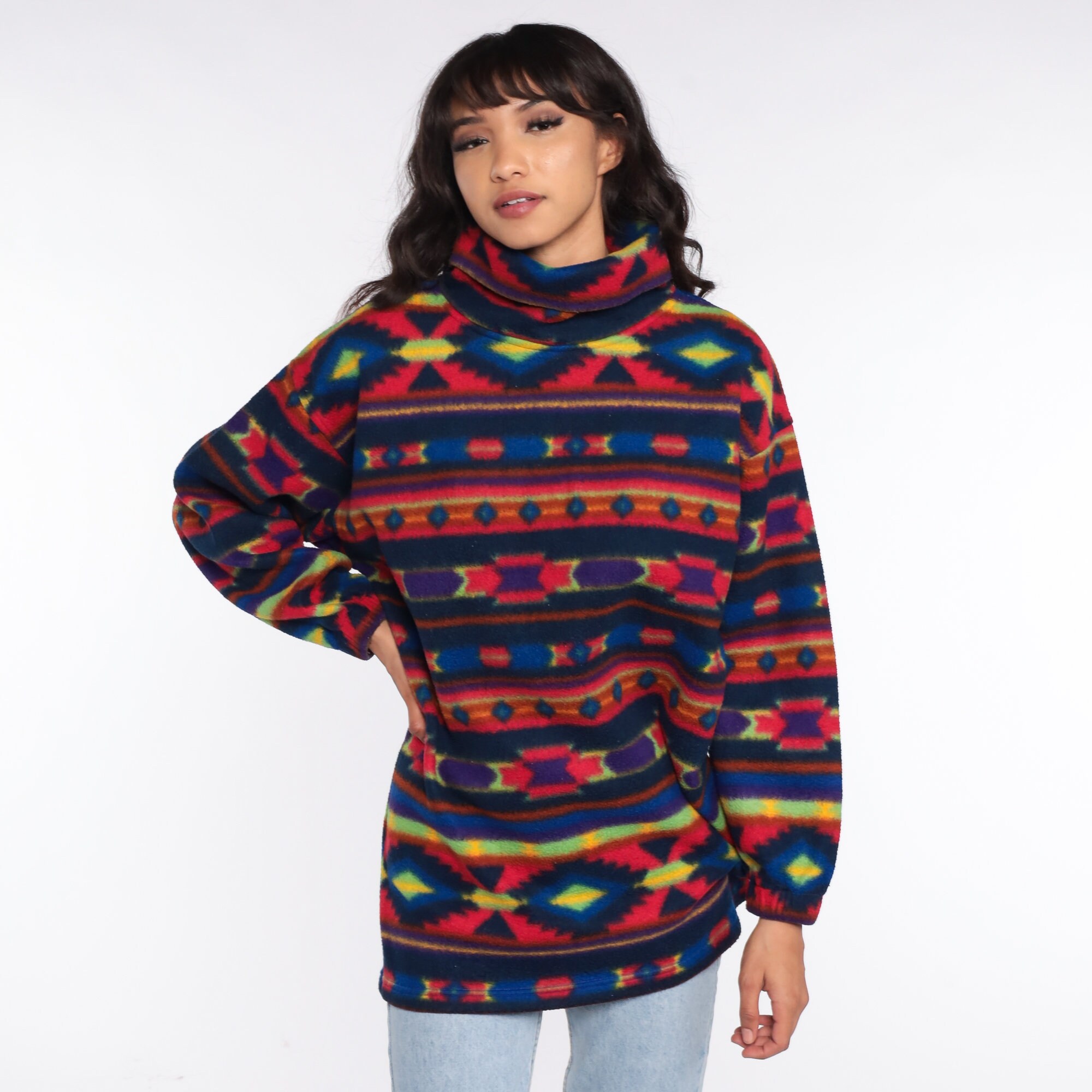 Southwestern Fleece Shirt Turtleneck Long sleeve Shirt Aztec Shirt 90s Southwest Pullover 