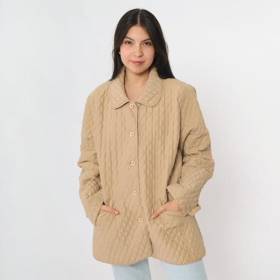 Y2K Quilted Jacket Tan Liner Style Jacket Button Up Vintage 2000s Basic Fall Coat Neutral Earth Tone 00s Hiking Women's Extra Large xl