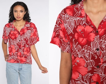 Camisa havaiana vermelha anos 80, camisa floral, camisa tropical, hibisco, camisa surfista, camisa de botões, verão anos 80, praia, tamanho grande