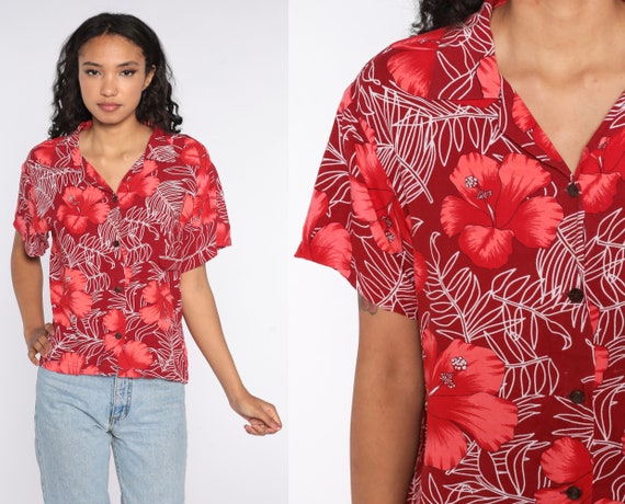 Red Hawaiian Shirt 80s Floral Shirt Tropical Shirt Hibiscus SURFER Button Up Shirt 1980s Summer Top Beach Large L