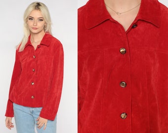 Red Jacket 90s Button Up Jacket Lightweight Collared Fall Jacket Preppy Classic Basic Plain Retro 1990s Vintage Normcore Medium M