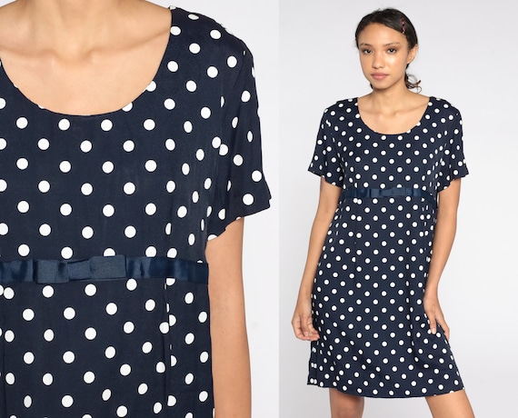 Polka Dot Maternity Dress 90s Mini Navy Blue and White Pregnancy 80s Shift Dress Vintage 1990s Retro Preppy Short Sleeve Motherhood Medium