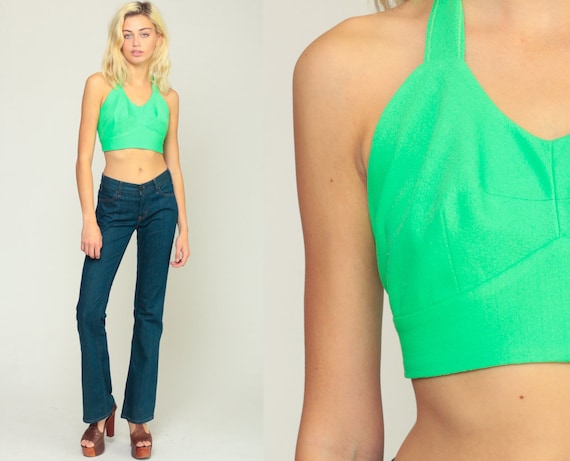 Halter Top Crop Top 70s Tank Top Neon Green Shirt CROPPED Shirt Backless Blouse 1970s Hippie Open Back Summer Extra Small xs