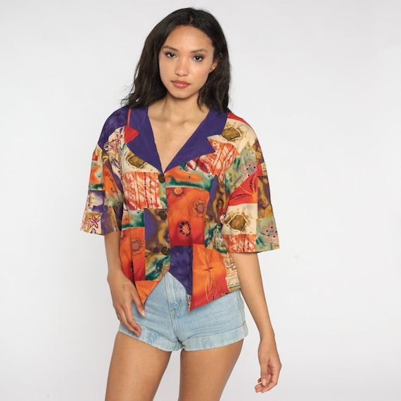 80s Patchwork Blouse Orange Floral Shirt 90s Purple Notched Collar Button Up Boho Top Hippie Vintage Short Sleeve Collared Extra Large XL 16