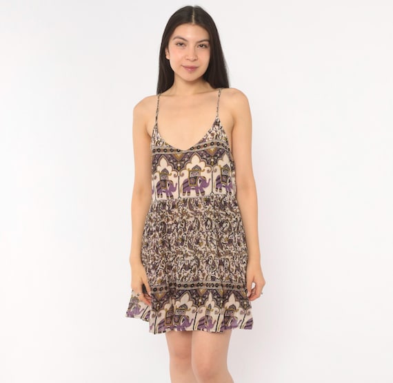Elephant Print Sundress 2000s Purple Cream Cotton Tiered Mini Spaghetti Strap V Neck Paisley Floral Indian Block Print Babydoll Small S
