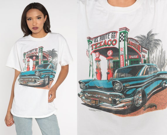 Classic Car Shirt Y2K Route 66 T-Shirt Texaco Gas Station Retro Hot Rod Graphic Tee USA Road Trip Tourist Souvenir White Vintage 00s Large L