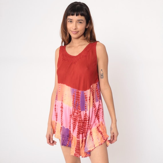 Tie Dye Mini Dress Red V Neck Sleeveless 90s Pink Purple Orange Peach Embroidered Asymmetrical Hem Psychedelic Summer Vintage Tunic Medium M