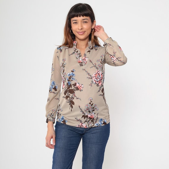 Botanical Rose Print 70s Pullover Blouse Long Sleeve Floral Top Pink Blue Tan Vintage Prairie  Romantic Feminine Dreamy Ethereal Medium M
