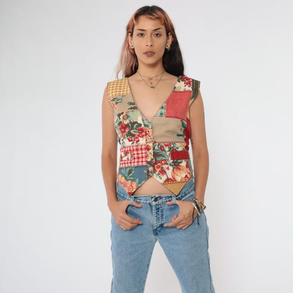 Vintage Patchwork Floral Vest 90s Button up Beige Coral Red Checkered Vest Bohemian Sleeveless Jacket Hippie Flower Top 1990s Large L