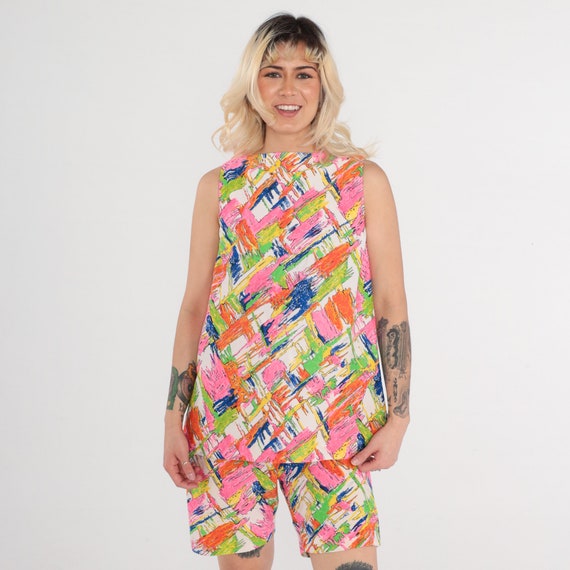 Vintage 70s Two Piece Set Shorts Tank Top Abstract Print Romper Sleeveless Playsuit Summer Festival Outfit Psychedelic Groovy 1970s Small S