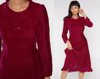 Raspberry Red Velvet Dress 80s Midi Fit and Flare Party Dress High Waisted 1980s Cocktail Gothic Long sleeve Small S