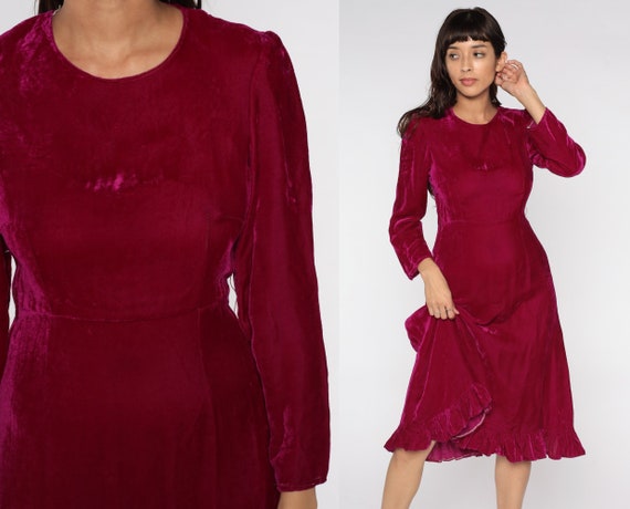 Raspberry Red Velvet Dress 80s Midi Fit and Flare Party Dress High Waisted 1980s Cocktail Gothic Long sleeve Small S