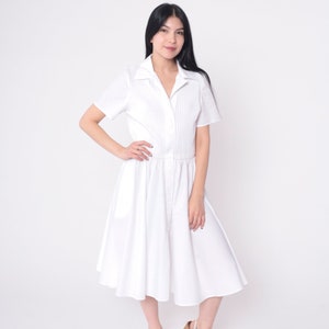 White Shirtdress 80s Button Up Dress Ribbed Knit Midi Knee Length Dress Retro Short Sleeve Elastic Waist Plain 1980s Vintage Small Medium image 4