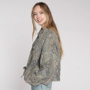 90s Boho Jacket Geometric Jacket Lightweight Button Up Cargo Jacket Bohemian Vintage 1990s Floral Bohemian Jacket Taupe Blue Extra Large xl image 5