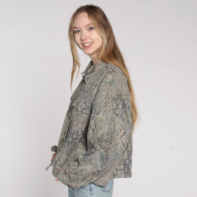 90s Boho Jacket Geometric Jacket Lightweight Button Up Cargo Jacket Bohemian Vintage 1990s Floral Bohemian Jacket Taupe Blue Extra Large xl immagine 5