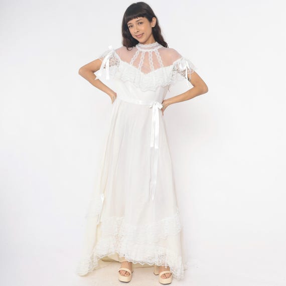 80s Wedding Gown White Lace Maxi Dress Sheer Victorian Bridal Ribbon Bow Romantic Prairie Fairycore Cottagecore Coquette Elopement Medium M