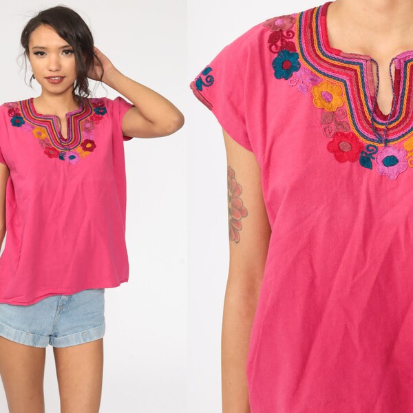 Mexican EMBROIDERED Blouse Pink Hippie Top Floral Shirt Boho Shirt FESTIVAL Tunic Bohemian Vintage Ethnic Retro Medium