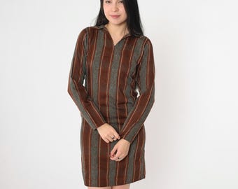 70s Shift Dress Striped Mini Dress Retro Brown Grey Orange Mod Long Sleeve Minidress V Neck Casual Vintage 1970s Extra Small xs 0