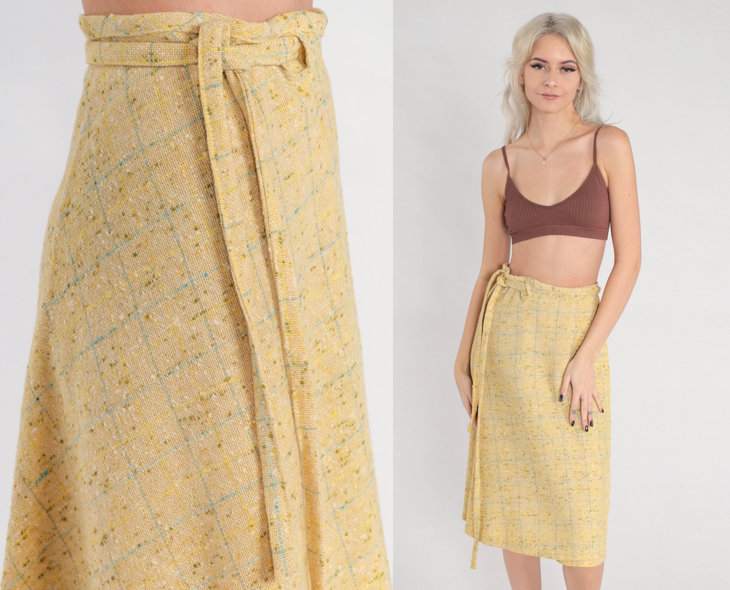Checkered Wrap Skirt 60s Yellow Midi Skirt Retro School Girl Uniform ...