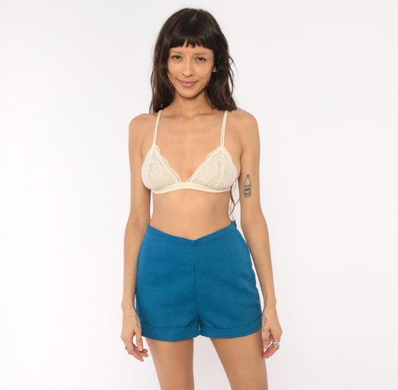 70s Teal High Waisted Shorts Cotton V Shaped Waistband  Pin Up Hot Pants Blue Short Bottoms Vintage Summer Rockabilly Preppy Small S