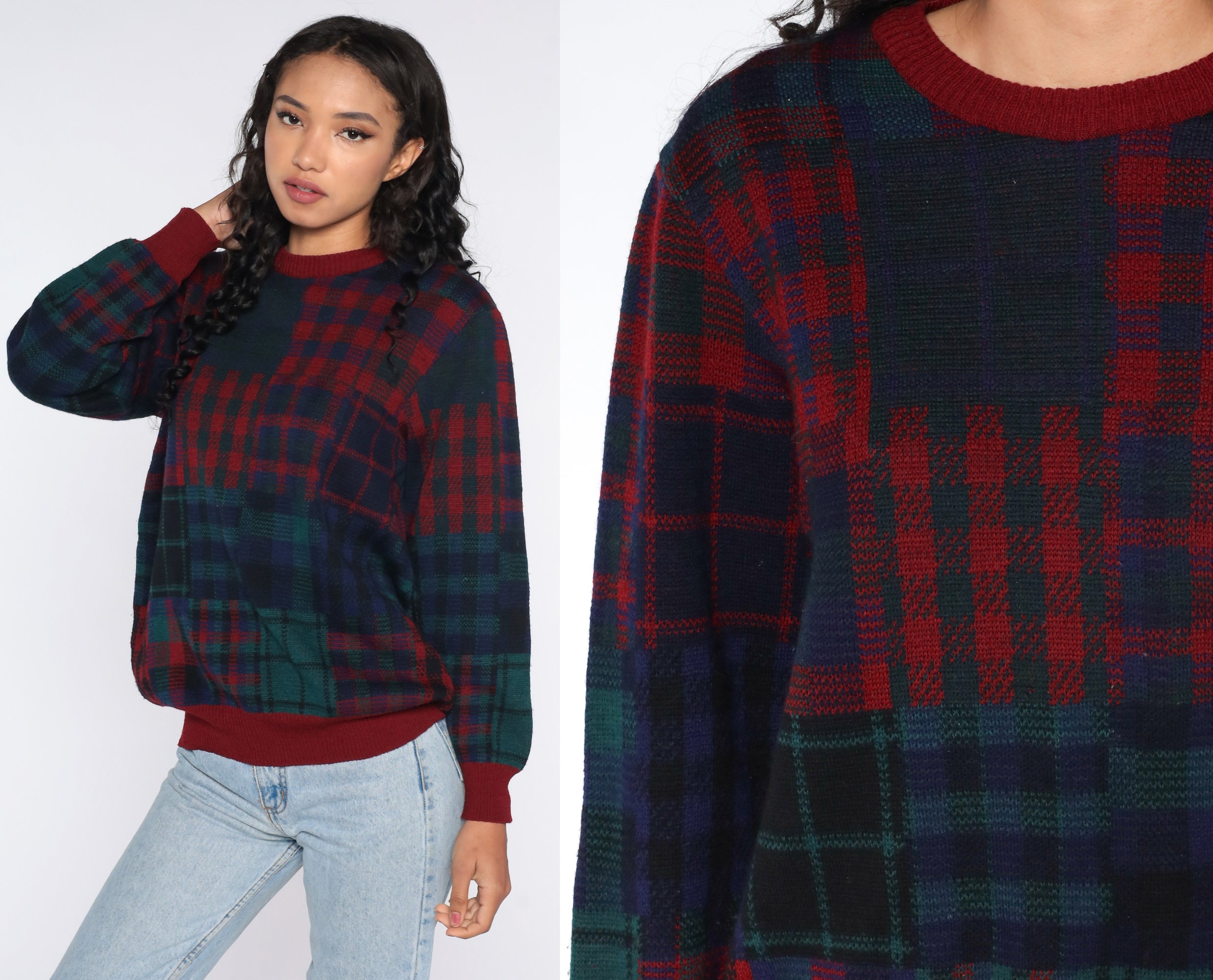 90s Checkered Sweater Red Blue Plaid Sweater Print Acrylic Etsy