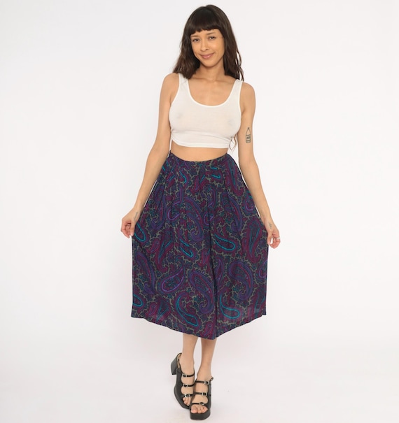 Paisley Midi Skirt 80s Purple Teal Plum A Line High Cotton Floral Violet Turquoise Bohemian Hippie Jewel Tone Vintage Small To Medium S M