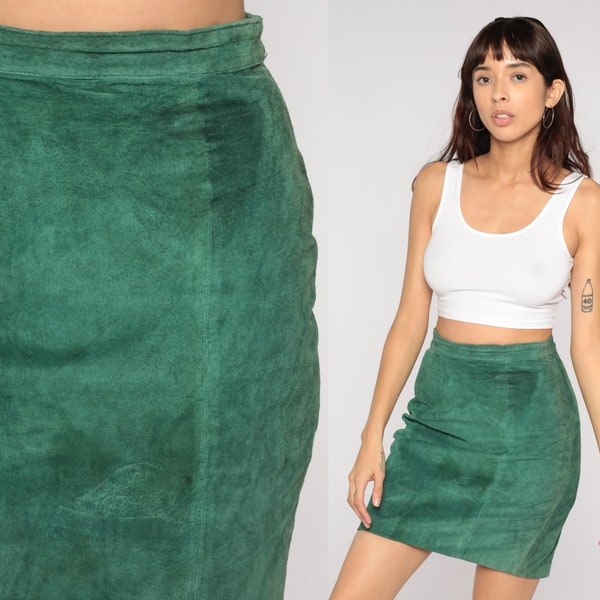 Suede Mini Skirt 90s Green Leather Skirt Boho Pencil Skirt Wiggle Party Retro Grunge Bohemian High Waisted Hipster Vintage 1990s Small S 28