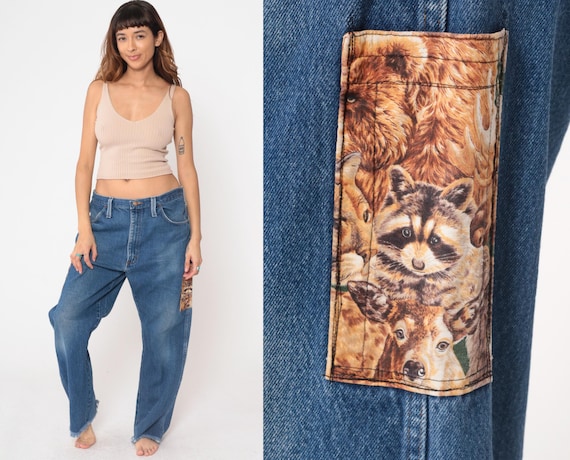 90s Rustler Animal Print Denim Jeans Straight Leg Jeans High Rise Denim Blue Jeans Faded Worn In Western Vintage 36 Large  Raccoon Bear