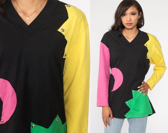 Celestial Shirt Neon Color Block Shirt 90s Sun Moon Tshirt Graphic Top Geometric Long Sleeve T Shirt 80s Vintage Medium